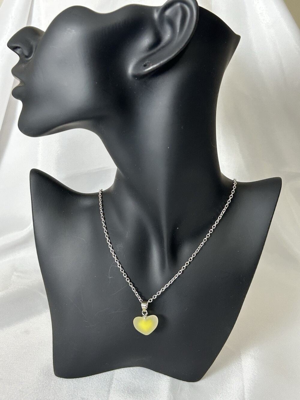 Lovely Silver Tone Necklace With Frost Resin Heart. Measures 18” W/ 2” Ext